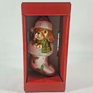 Golden retriever Labrador Cat in Christmas Stocking Glass Hand Painted ornament